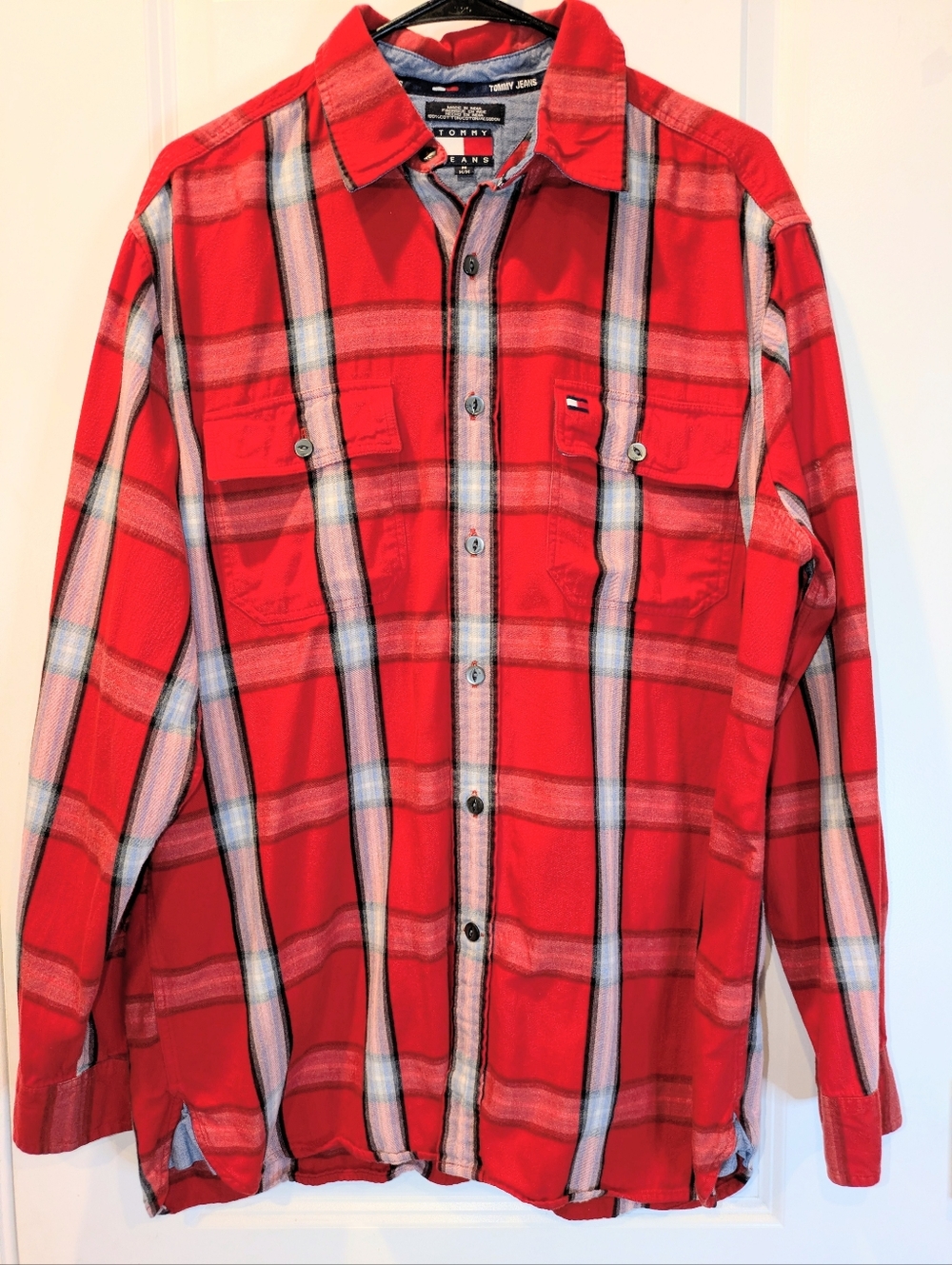 Tommy Jeans Red Plaid Flannel Shirt Button Front Logo Pocket Size M
